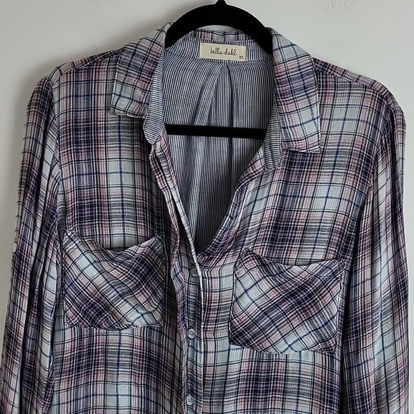 Bella Dahl plaid gauzy button up shirt Sz XS Grey Oversized - Picture 3 of 8